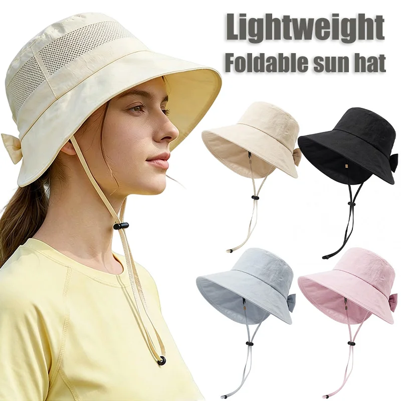 Summer Sun Hat for Women Bows Back-Opening Ponytail Wide-Brim Fisherman Cap Outdoor Sunshade Anti-UV Hats Lightweight