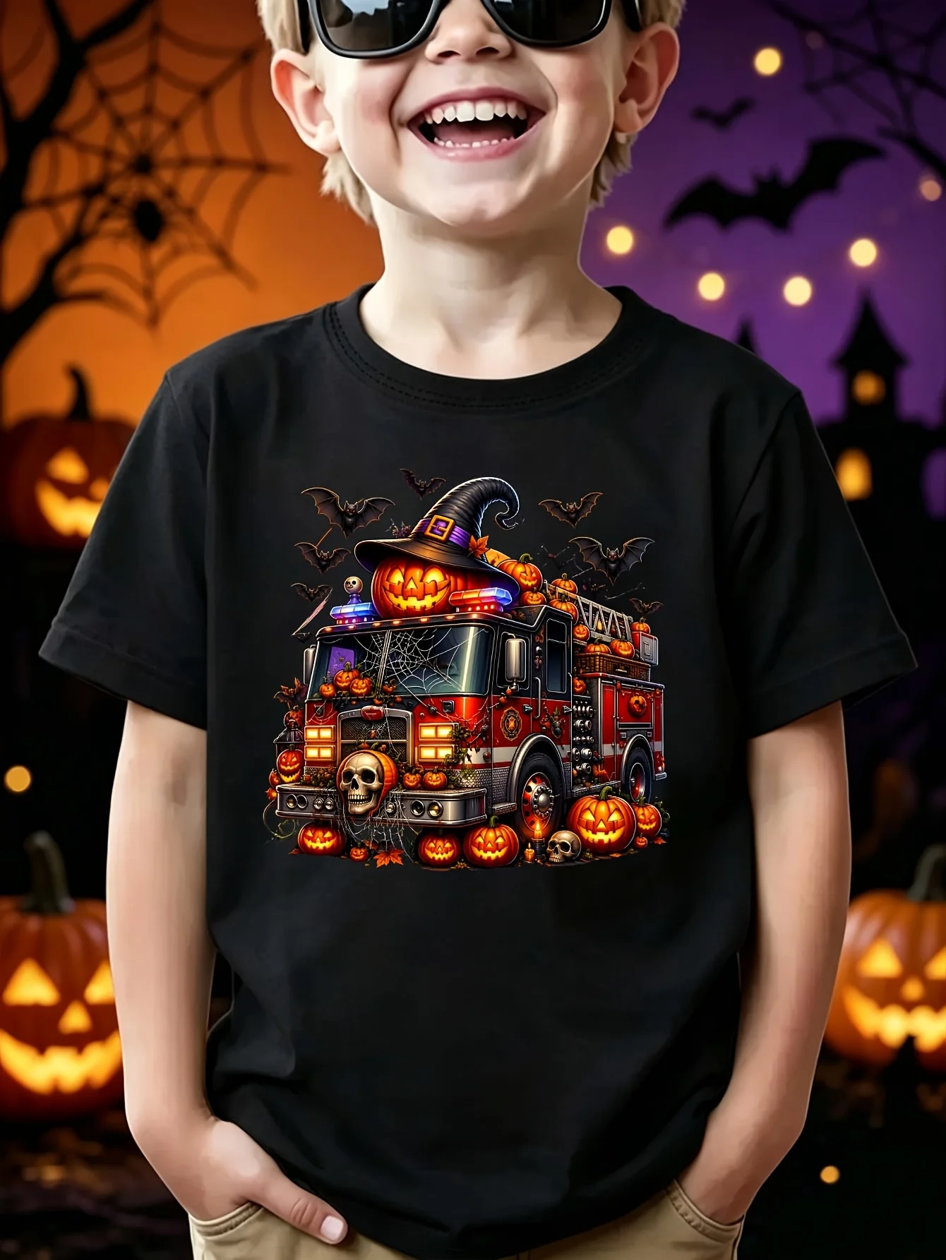 Kids Boys Girls Parent Child Matching Tee Halloween Fire Truck Pumpkin Bat Graphic Print Short Sleeve Crew Neck Soft Daily Tee