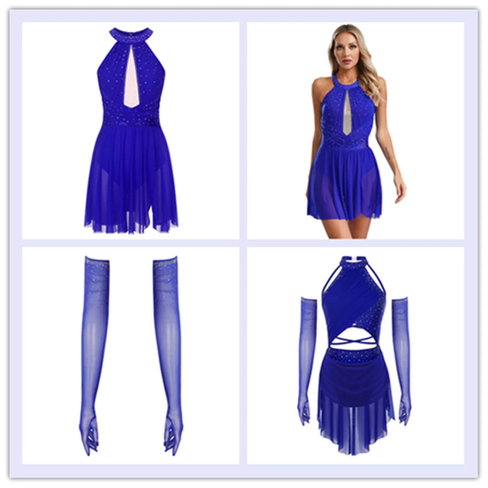 

Womens Lyrical Dance Dress with Gloves Halter Gymnastics Ballet Leotard Skating Dress Costume Sparkly Rhinestone Mesh Gloves
