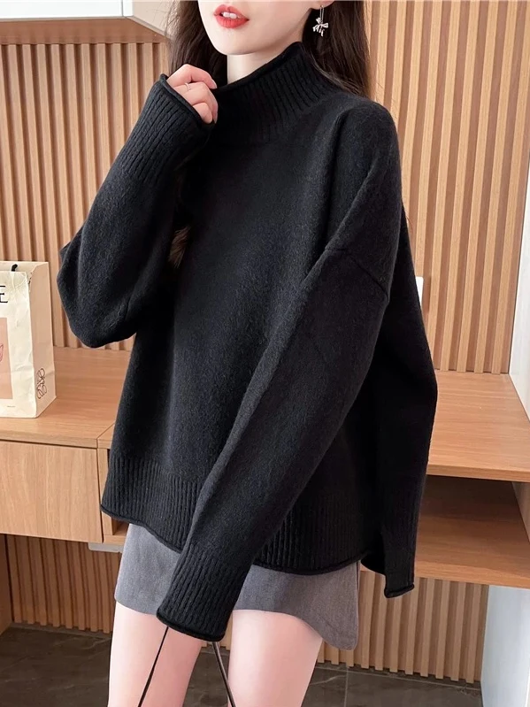 

Ladies High Ne Knitted Sweater Warm Loose Lazy Sle Spring Autumn New Korean Version Fce-Lined Outerwear Casual Top