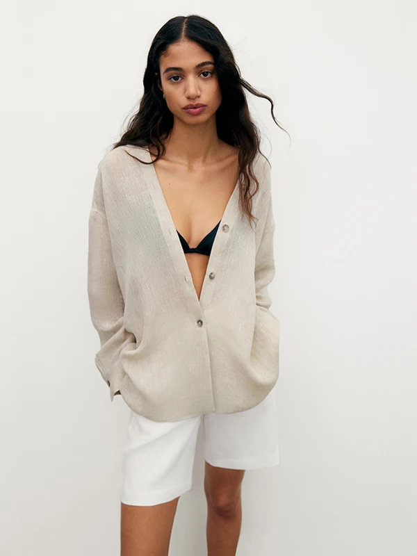 

Новая весенне-летняя льняная рубашка с V-образным вырезом, повседневная, женская, классическая, однотонная, с длинным рукавом, на пуговицах, стандартной длины, из полиэстера