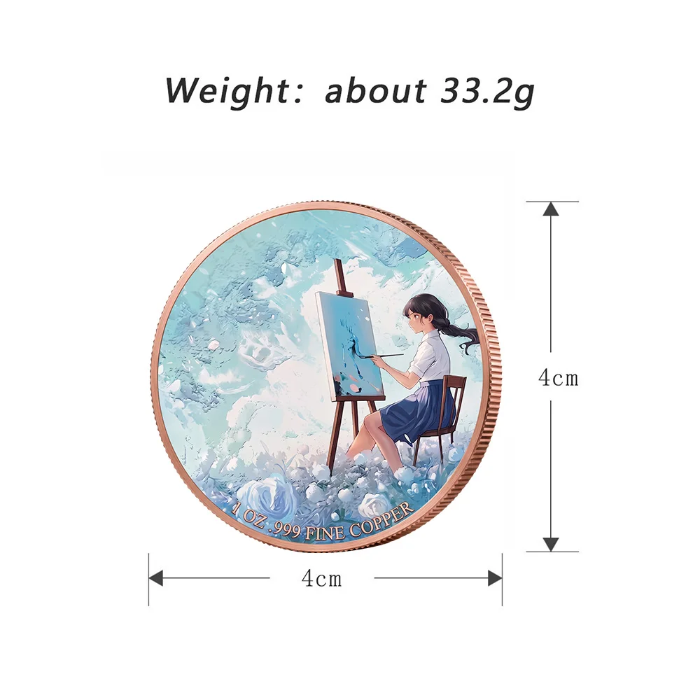 1 Oz .999 Fine Copper Coin Anime Girl Colorized Commemorative Medal AI Art Masterpiece Collectible Art Souvenir Gift