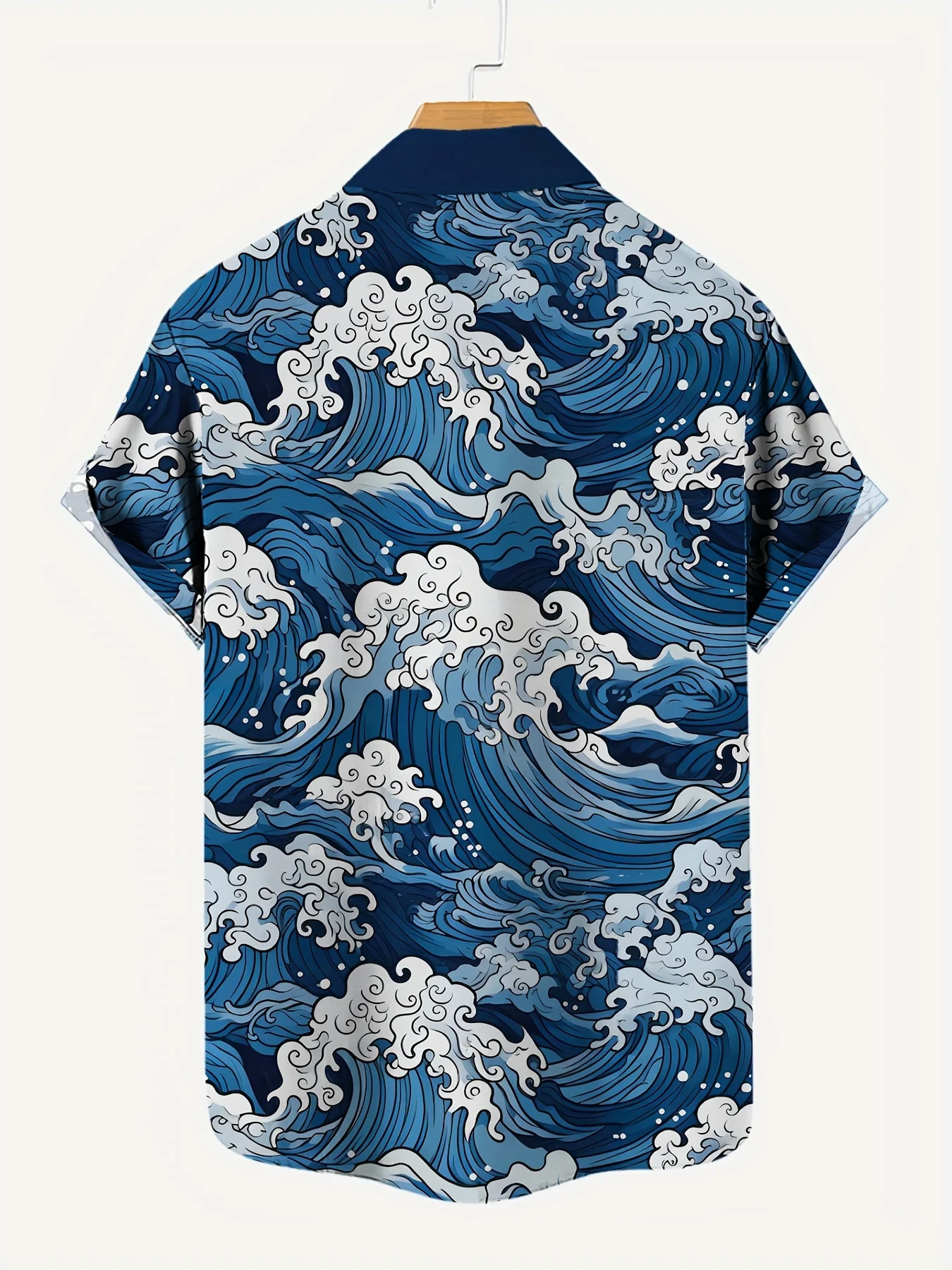 Men Short Sleeve Shirt Japanese Ukiyo‑e Ocean Wave Print Turn‑Down Collar Button‑Up Beach Summer Top
