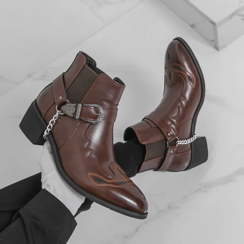 

Men High Top Boots PU Pointed Comfortable Classic Trend Western Chelsea Short Boots