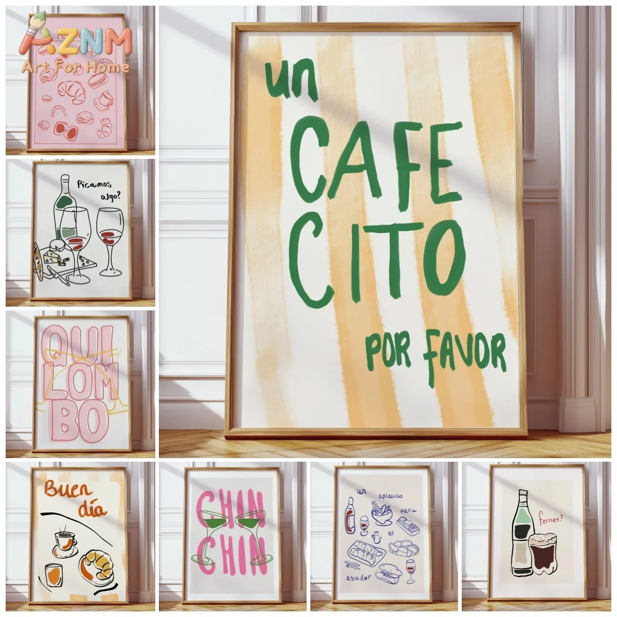 AZNM Spanish Coffee Wine Food Canvas Poster Frameless Wall Art Retro Hand Drawn Latin Quote Line Print For Kitchen Cafe Dining R