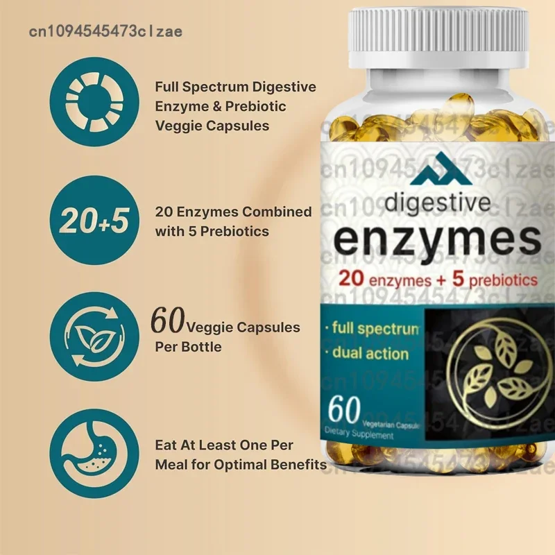 60 Vegetarian Capsules Containing 20 Enzymes and 5 Prebiotics, Promoting Intestinal Health and Relieving Bloating