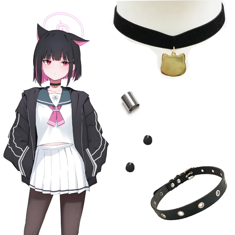 

Game Blue Archive Kyoyama Kazusa Cosplay Costume Women Cat Necklace Black Choker Metal Earclip Ear Stud Halloween Party Carnival