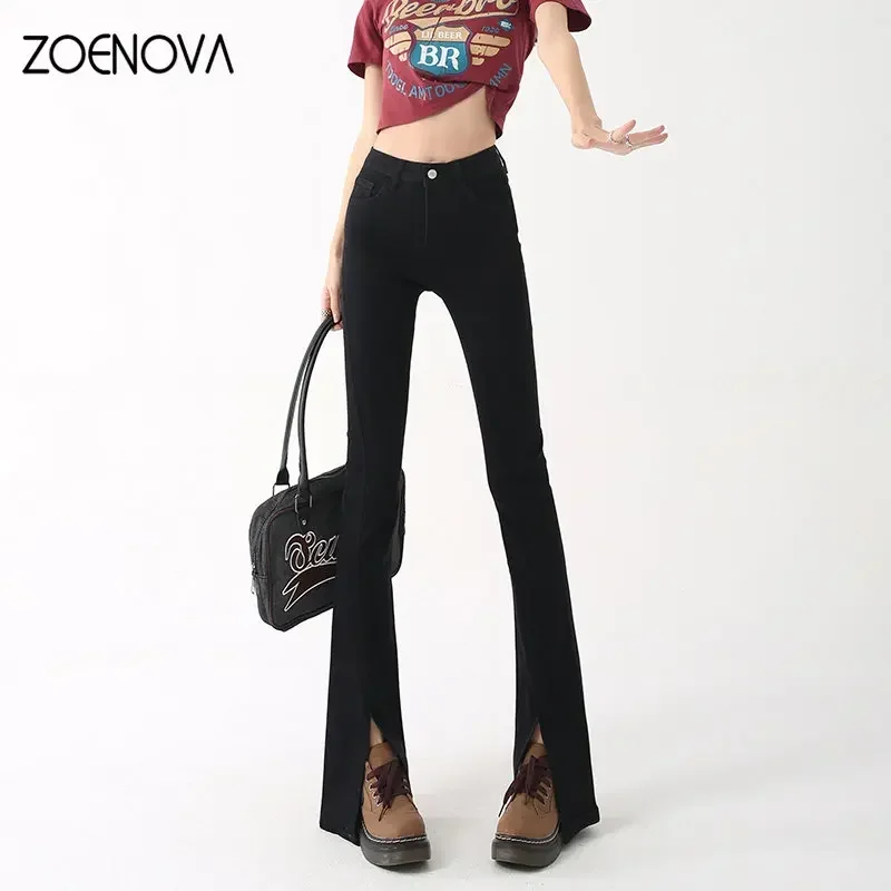 ZOENOVA Korean Style Women's Jeans Versatile Micro Horn Hem Split Full Length High Strecth Pants Versatile Loose Causal Clothes