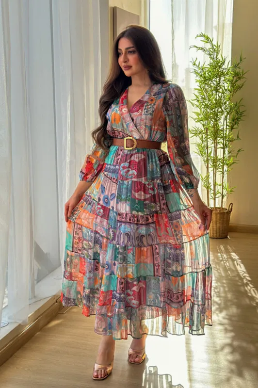 BKLD Long Sleeve V-Neck 2026 Spring Summer Clothes For Women Sexy Chiffon Printed A-Line Evening Dress With Belt Party Wear