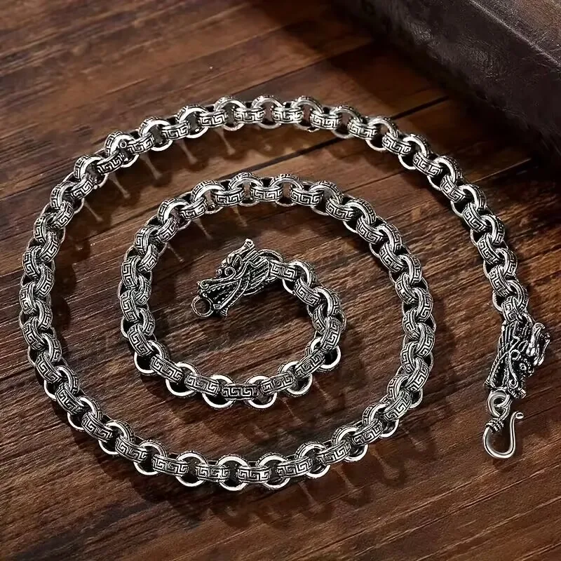 

solid Sterling Silver retro necklace for men women classic 8MM faucet dragon 60cm Charm high quality Fashion jewelry wedding