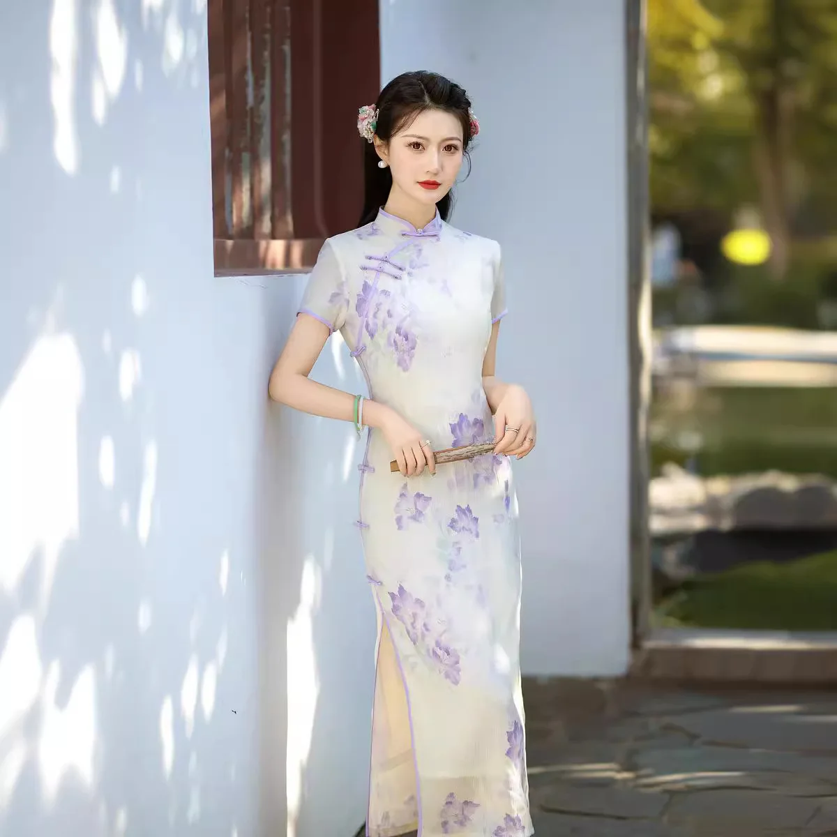 

Китайское традиционное ретро-платье Cheongsam с короткими рукавами и принтом для женщин, тонкое платье Ципао
