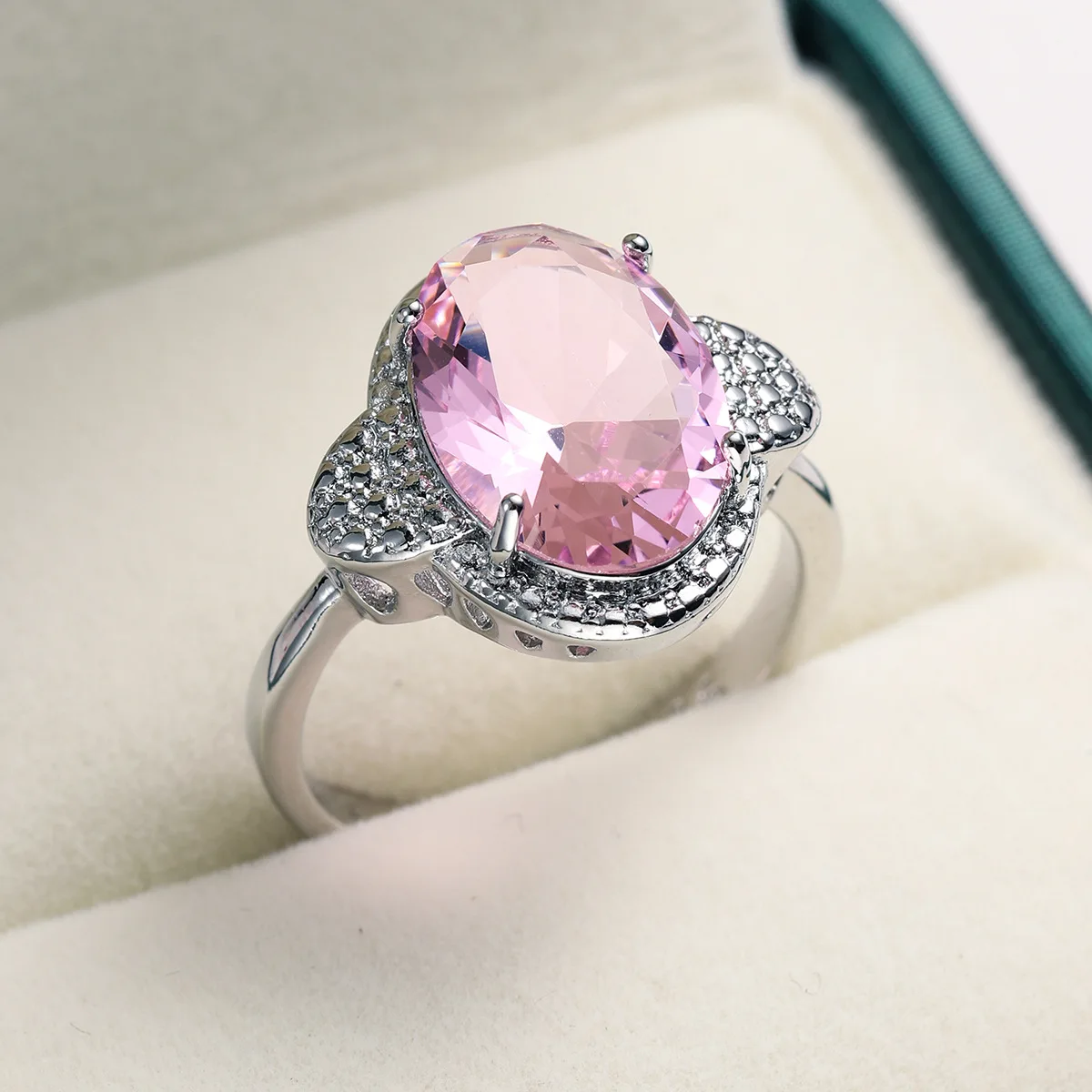 Unique Style Female Big Pink Zircon Stone Ring Luxury 925 Silver 