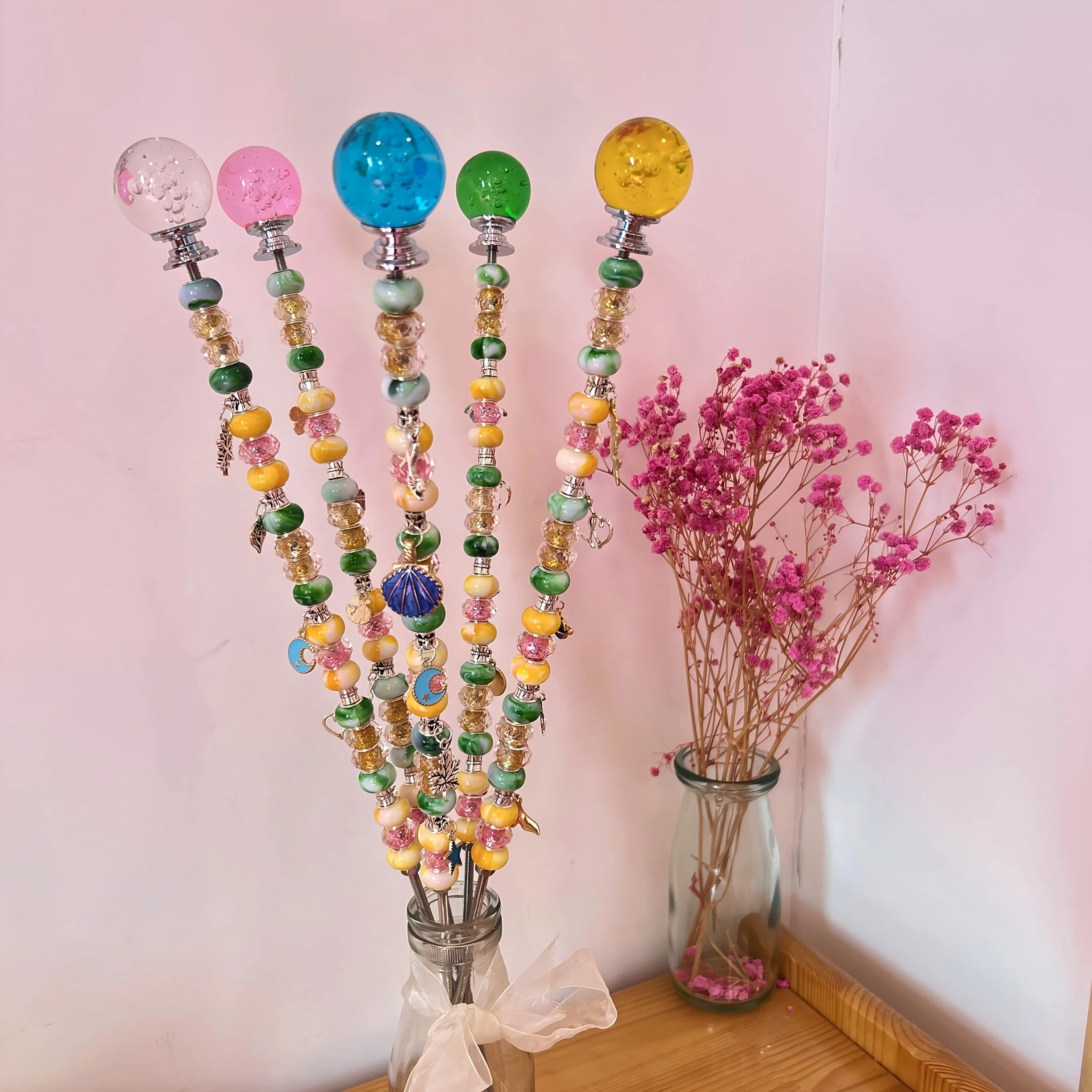 5 sets of DIY fairy wand fairy magic wand bead string garden wooden stake plant stake kits - 5 round crystal tops, 25 decorative droplets, 100 beads, 5 stainless steel threaded rods and 5 nuts, very suitable for outdoor decoration and flower pots and flow view 6