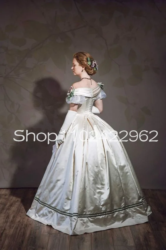 Ivory 1860S Victorian Corset Gothic Prom Dresses Off Shoulder Floral Civil War Southern Belle Halloween Evening Gown