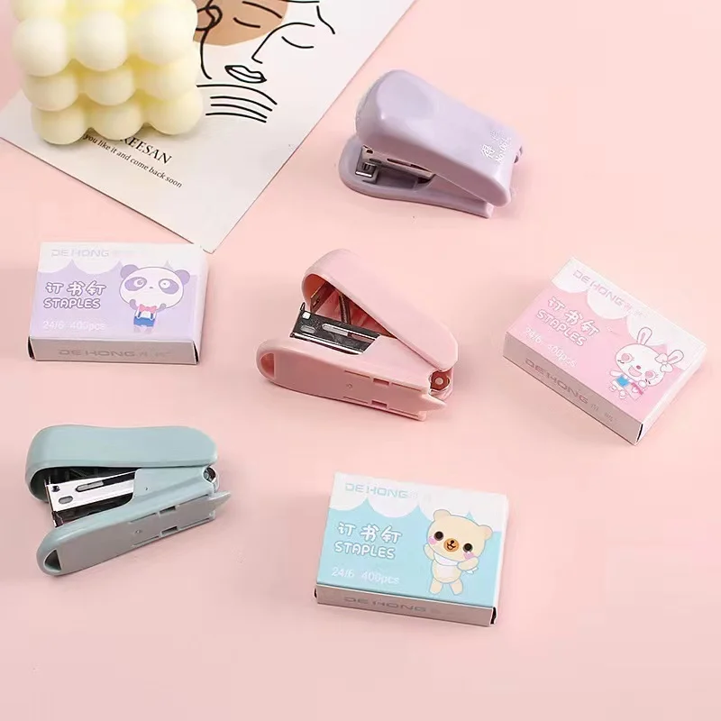 Stapler Mini Imut Set Stapler Logam Warna Morandi dengan 400 Buah 10 # Alat Pengikat Staples Alat Tulis Kawaii Perlengkapan Kantor Sekolah