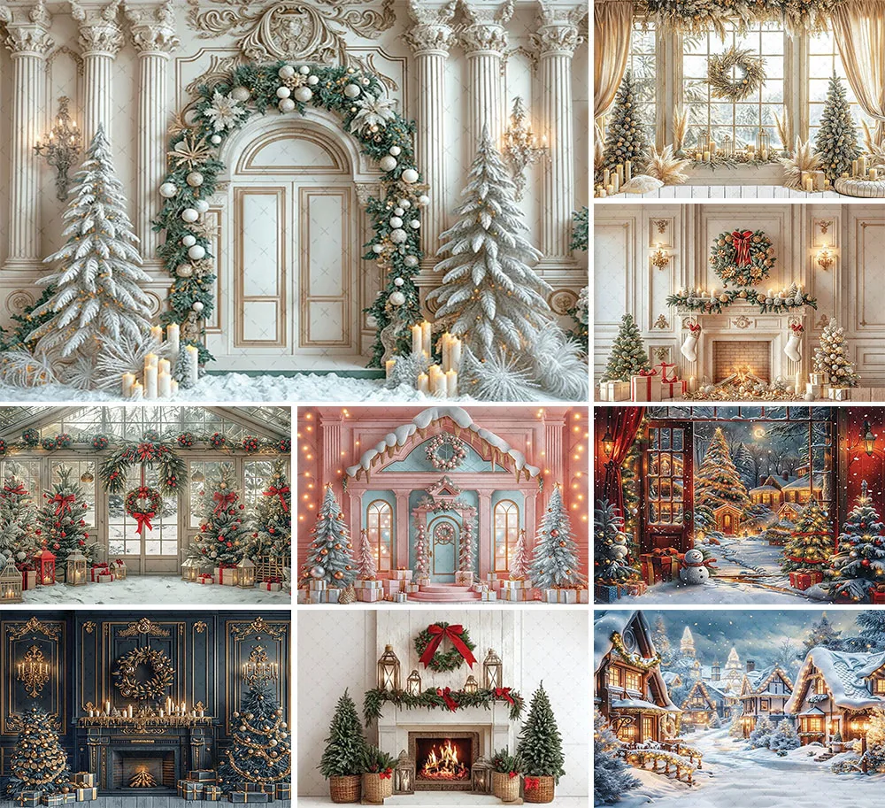 

Mehofond Photography Background Winter Christmas Fireplace Windows Snowy Xmas Kids Family Portrait Decor Backdrop Photo Studio