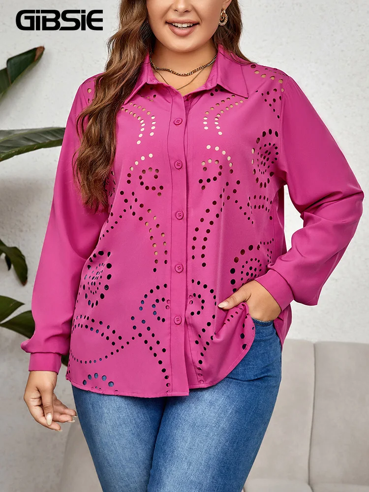 GIBSIE Plus Size Women Elegant Hollow Out Button Up Shirt 2023 Spring Fall Long Sleeve Loose Work Office Tunic Blouses Tops