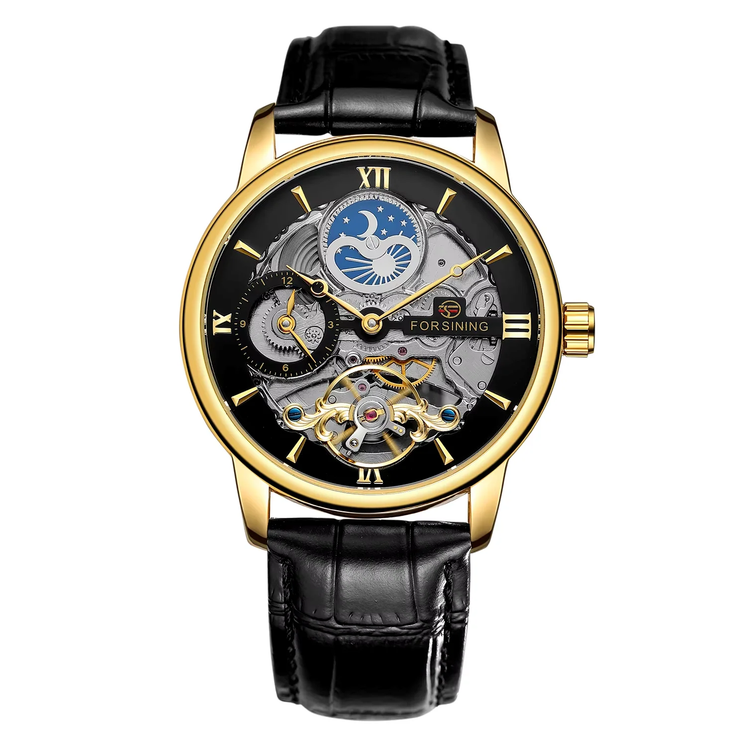 FORSINING mechanical watch simple wind hollow flywheel moon pattern mechanical watch belt watch alloy watch men's watch