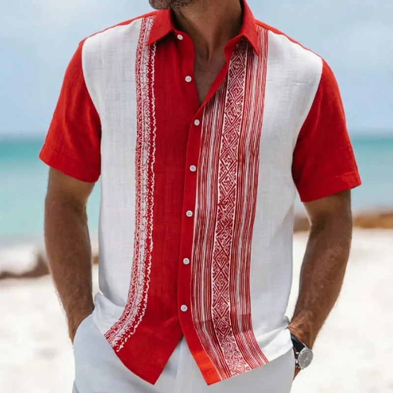 Vacation style men's short sleeved linen shirt, button design, digital printing, casual and comfortable, fashionable dressing