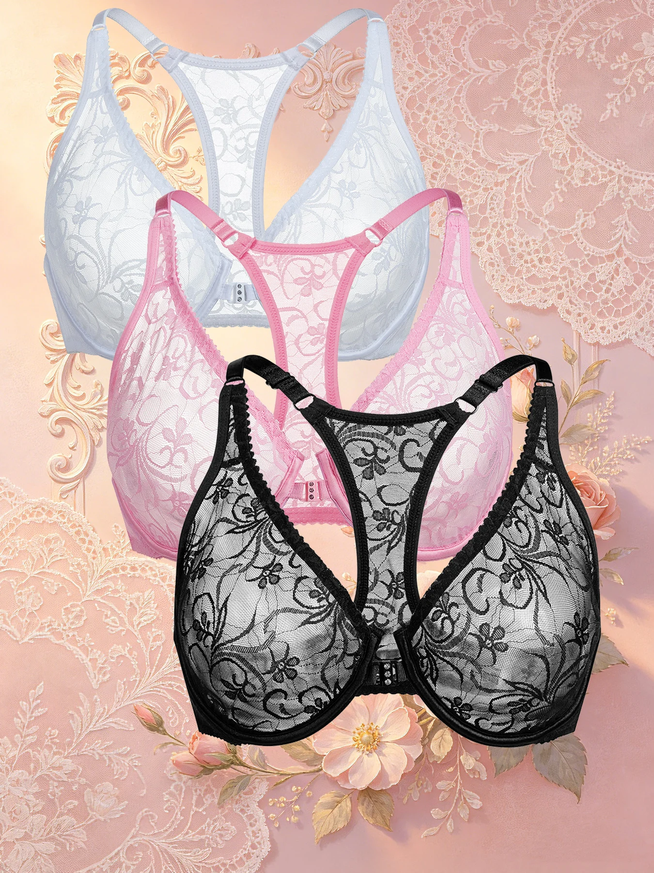 Womens Front Button Lace Bra Underwire Underwear Elegant Beautiful Back Plus Size Lingeire BH Top 34-48 A B C D E F Cup