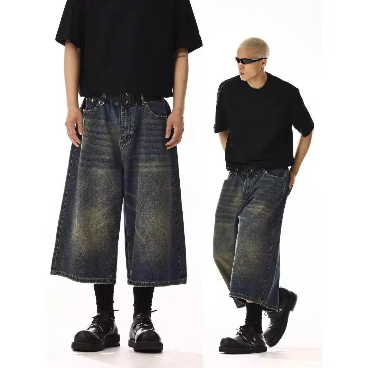 American Style Men's Summer Trendy Jeans High Street Wide Leg Casual Loose Match Seven Feet Pants Cotton mid Waist Zipper