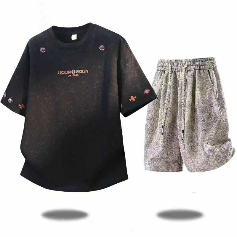 Dyed Short Sleeve T-Shirt Men's Summer New Arrival Trendy Brand Dirty Youth Trendy Shorts Two-Piece Set