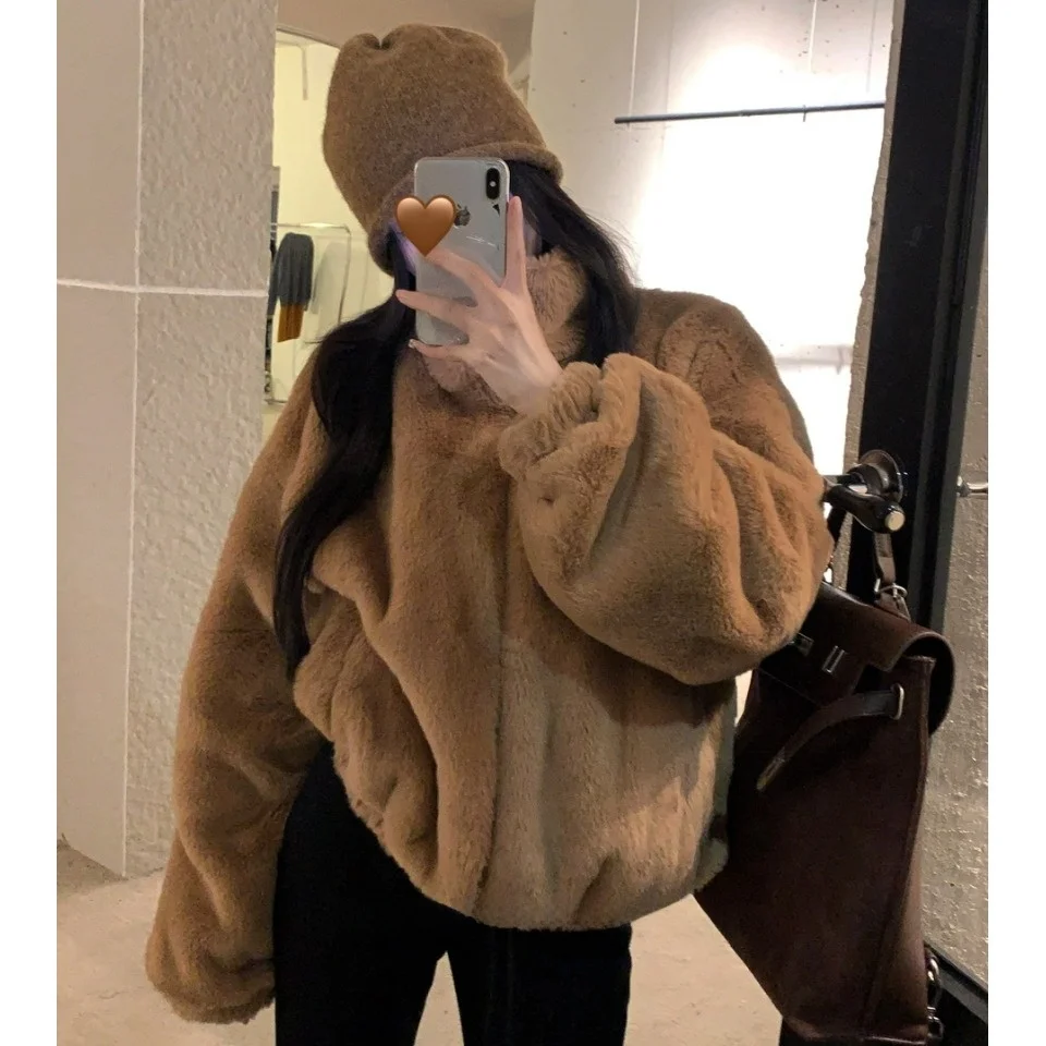

Women's Thiened Warm Brown Bear Fufu Jaet ort Sle Faionable Outerwear Soft Plu Coat Winter Collection 2024
