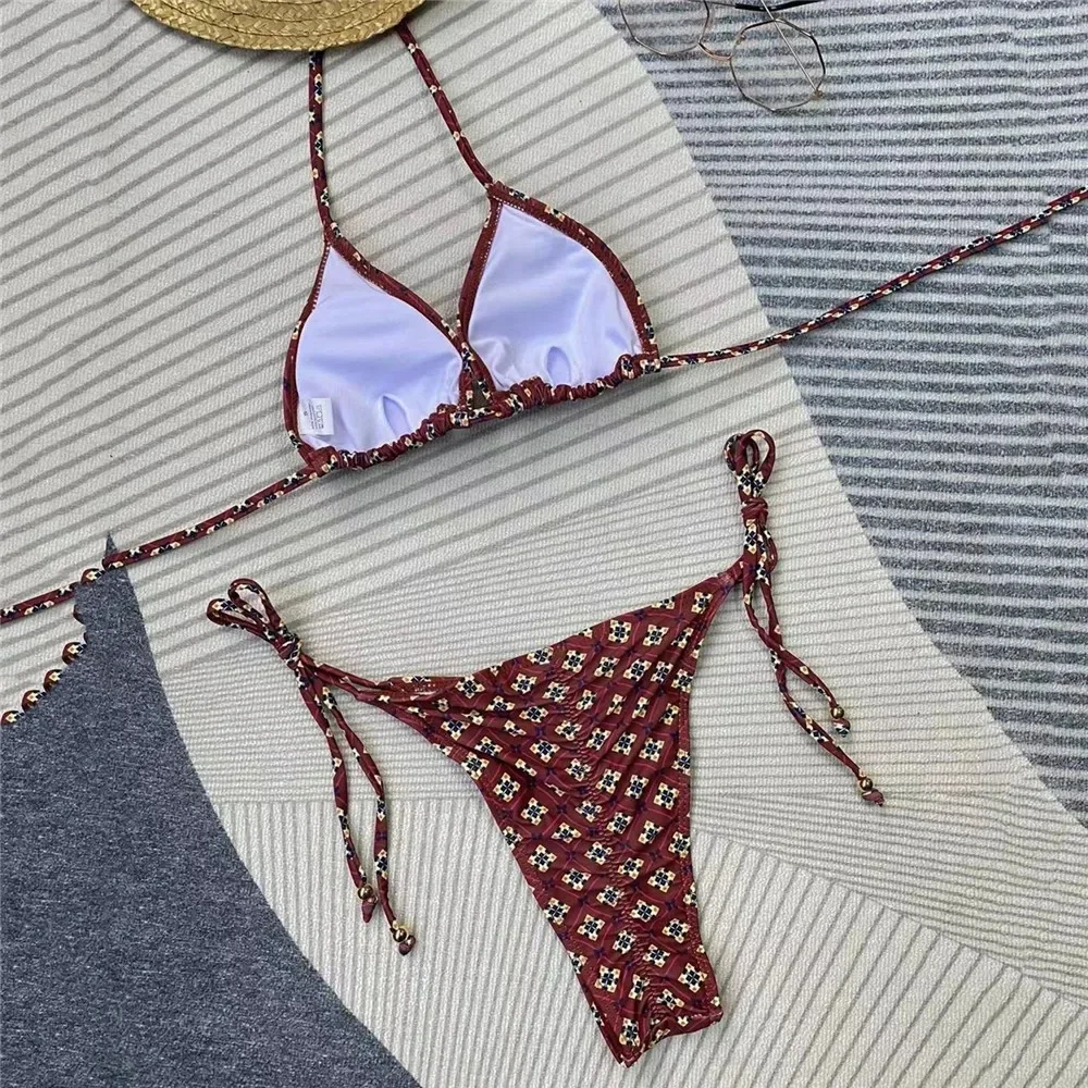 Sexy Yellow Floral Print Swimsuit Micro Bikini Thong 2026 Women String Halter Swimwear Bathing Suit Biquinis Mini Bikinis Sets
