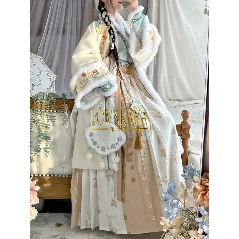 Vintage Sweet Plush Princess Dress Traditional Chinese Style Warm Garments Song Dynasty Hanfu Dress Set Women