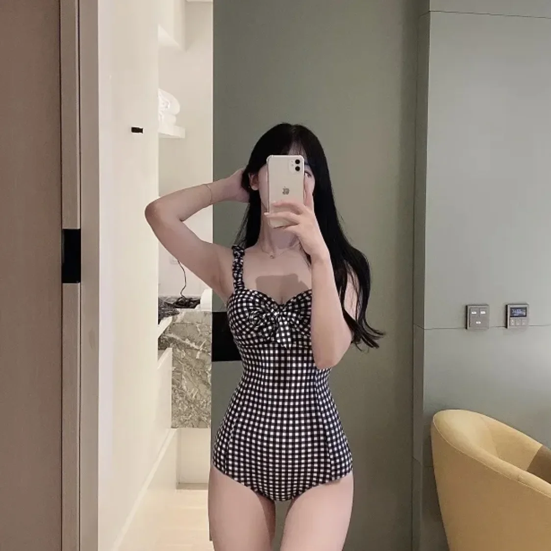 

Korean Style Retro Plaid One Piece Swimsuit Slimming Belly Covering Hot Spring Thermal Bath Suit Sports Fitness Clothing
