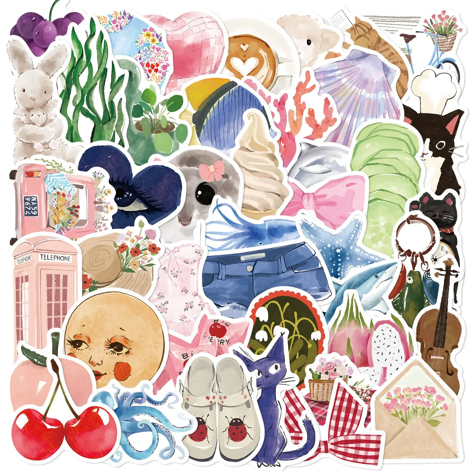 50PCS Bunte Aquarell Tagebuch Cartoon PVC Aufkleber Rosa Ästhetische Kunst DIY Dekoration Reise Gepäck Graffiti Aufkleber Pack