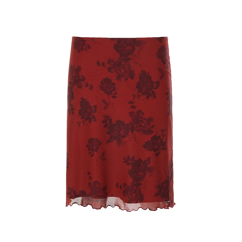Retro Floral Digital Print Low Waist Lightweight Double Layer Mesh Skirt Temperament Hip Hugging Women Daily Vacation Skirt