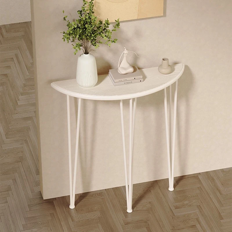 Ultra Narrow Foyer Half Circle Table Nordic Solid Wood Storage Rack Against Wall Console Tables with Iron Legs Modern Furniture
