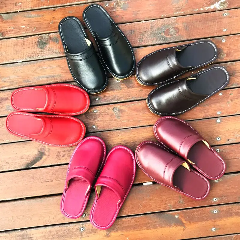 Inexpensive leather house slippers mens indoor slides shoes big size 47-48 man mules closed toe slippers unisex couple shoes