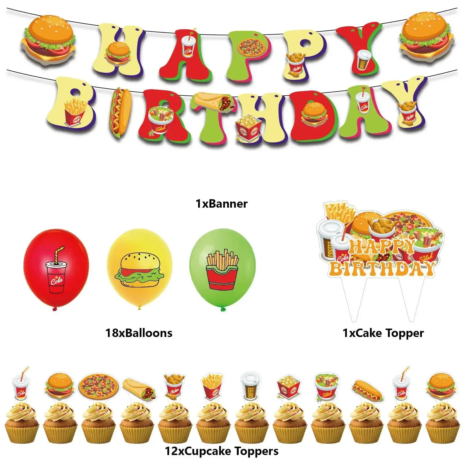 Hamburger Pizza Themed Birthday Party Decorations Cola Hamburg French Fries Balloons Happy Birthday Banner Cake Topper Set