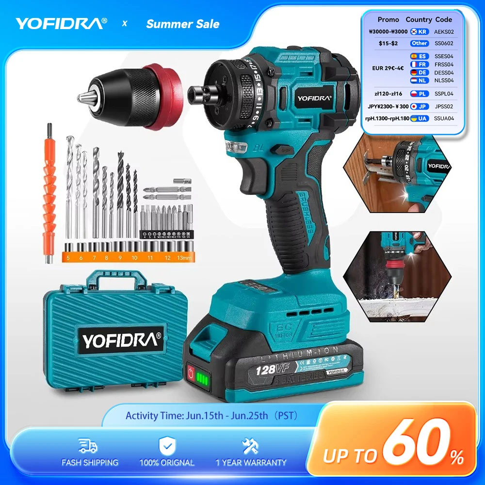 YOFIDRA 2 in1 Brushless Electric Screwdriver Hammer Cordless Drill Impact Multifunctional Power Tool For 21V 18V Battery Pins