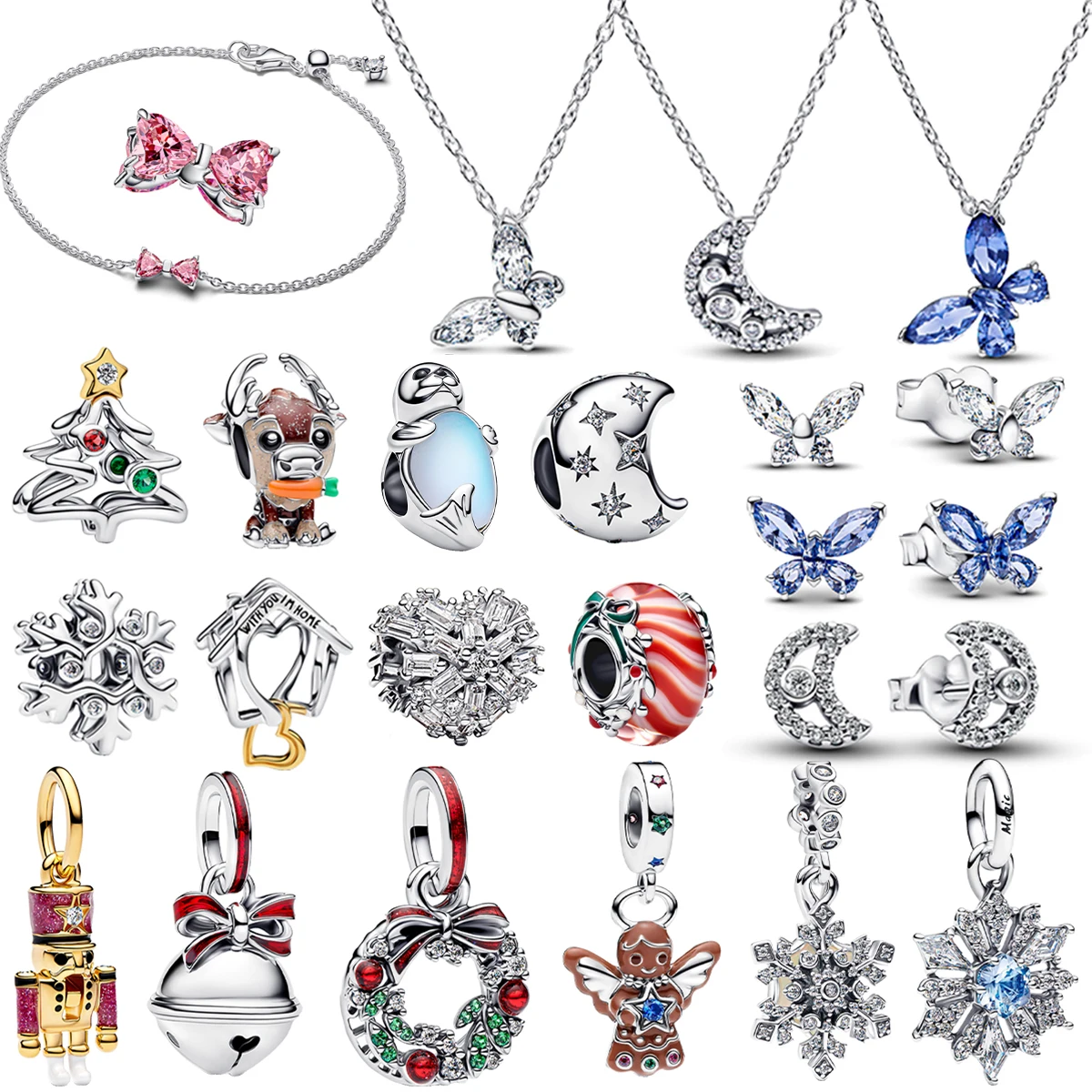 

Оригинальные рождественские подвески из стерлингового серебра 925 пробы, серьги-бабочки и снежинки, бусины, подвески, подходят для браслета, ожерелья, ювелирные изделия своими руками, подарок