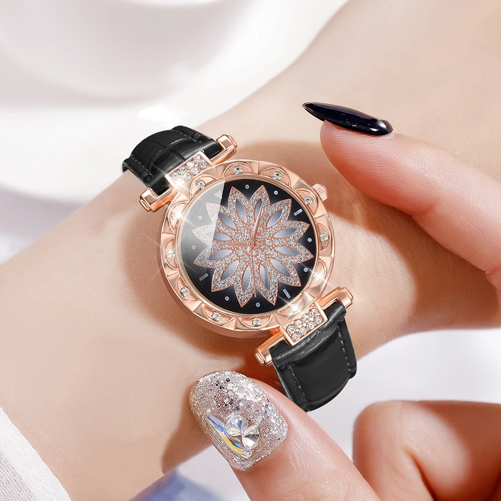 Black 5PCS/Set Women Watch I Love Mama Quartz Wristwatch Shiny Rhinestone Simulated Watch Jewelry Set Gift For Mom