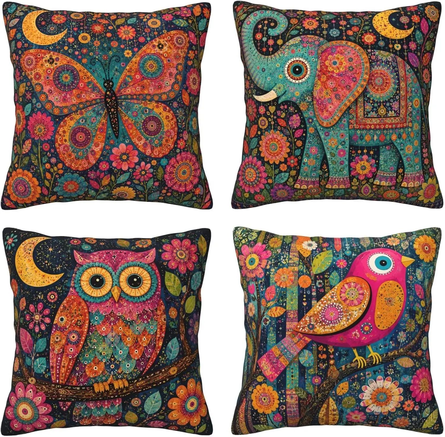 Bohemian Bird Floral Set of 4 Double Sided Throw Pillow Covers Boho Botanical Cushion Cases Decor for Couch Sofa Home
