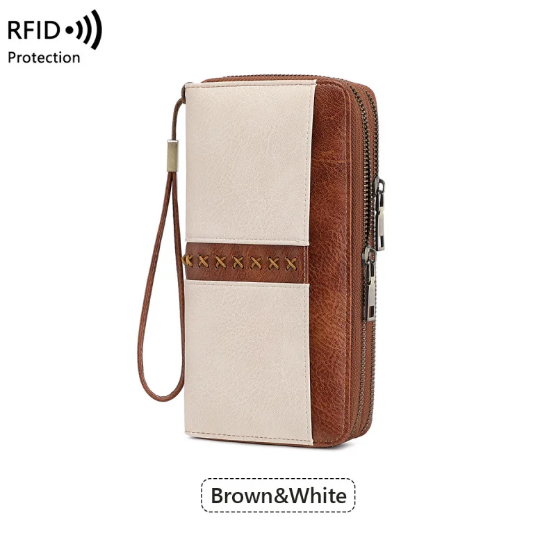 Western RDIF Blocking Double Zipper Contrast Color Long PU Leather Men Wallet Large Capacity Purse for Women