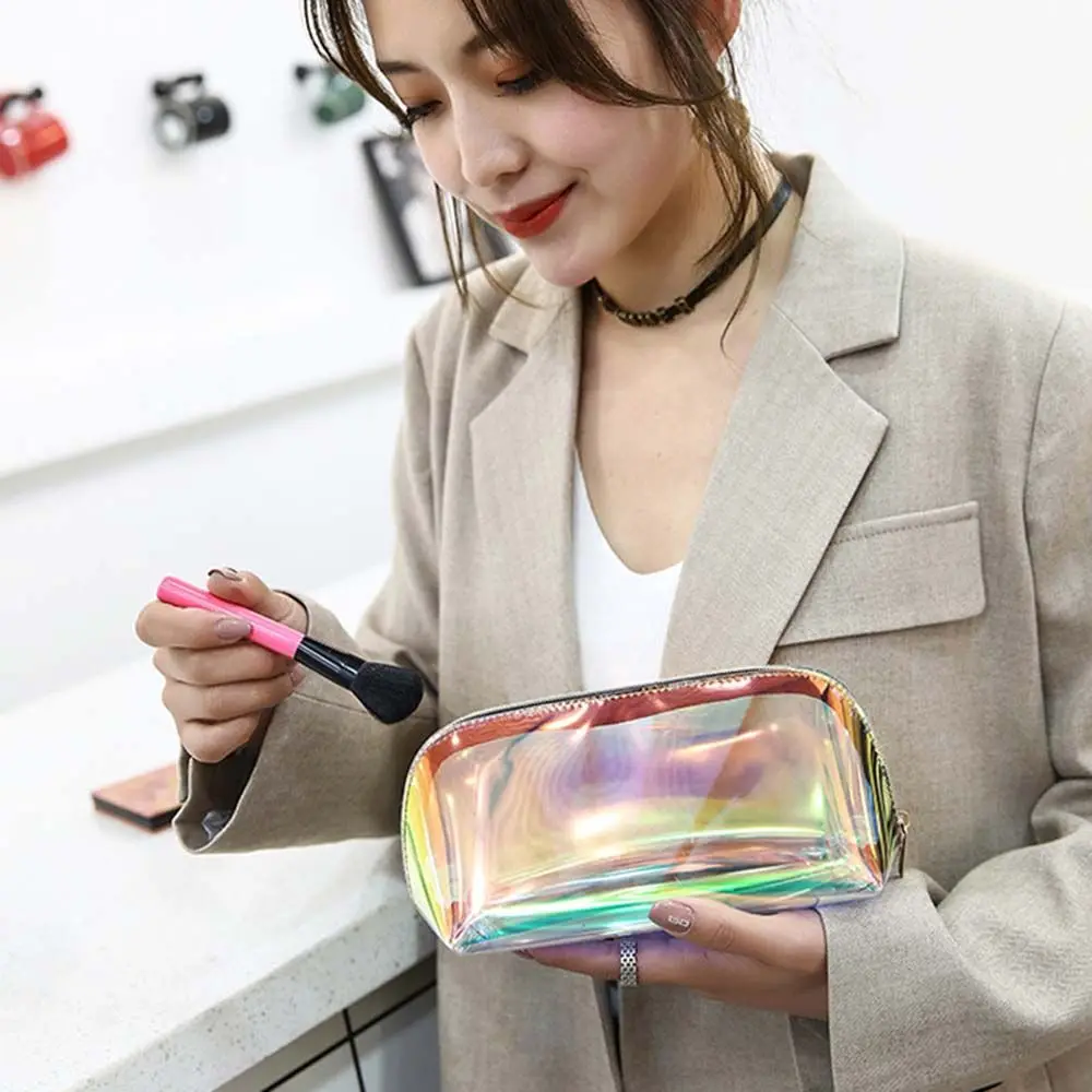 Bolsa de aseo transparente impermeable con cremallera, bolsa de cosméticos láser, almacenamiento de baño, bolsa de maquillaje media redonda, bolsa de almacenamiento de viaje