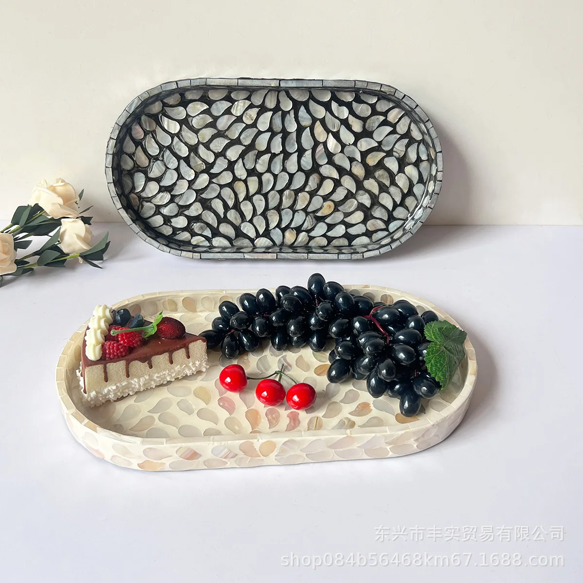 Plateau de service ovale en mosaïque de coquillages fait main, incrustation nacre, plateau décoratif, assiette à fruits, organisateur de bijoux, décoration de table et de café