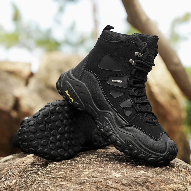 Men Plus Size Winter Boots Tactical Hiking Shoes Thick Rugged Sole High Top Sneakers Casual Outdoor Work Footwear