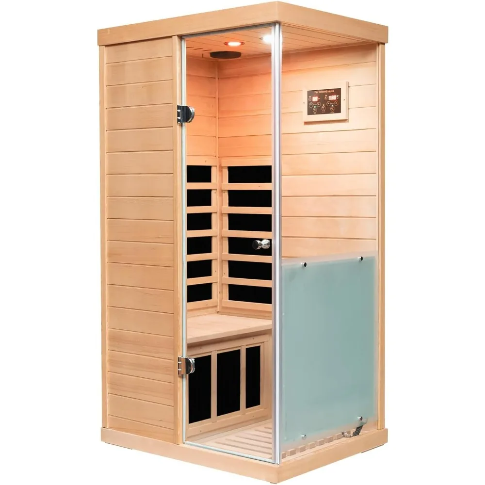 Far Infrared Sauna Room, 1 Person Sauna, 060W Indoor Sauna, 1 Bluetooth Speakers, 1 LED Reading Lamp Hemlock Wood Sauna Room