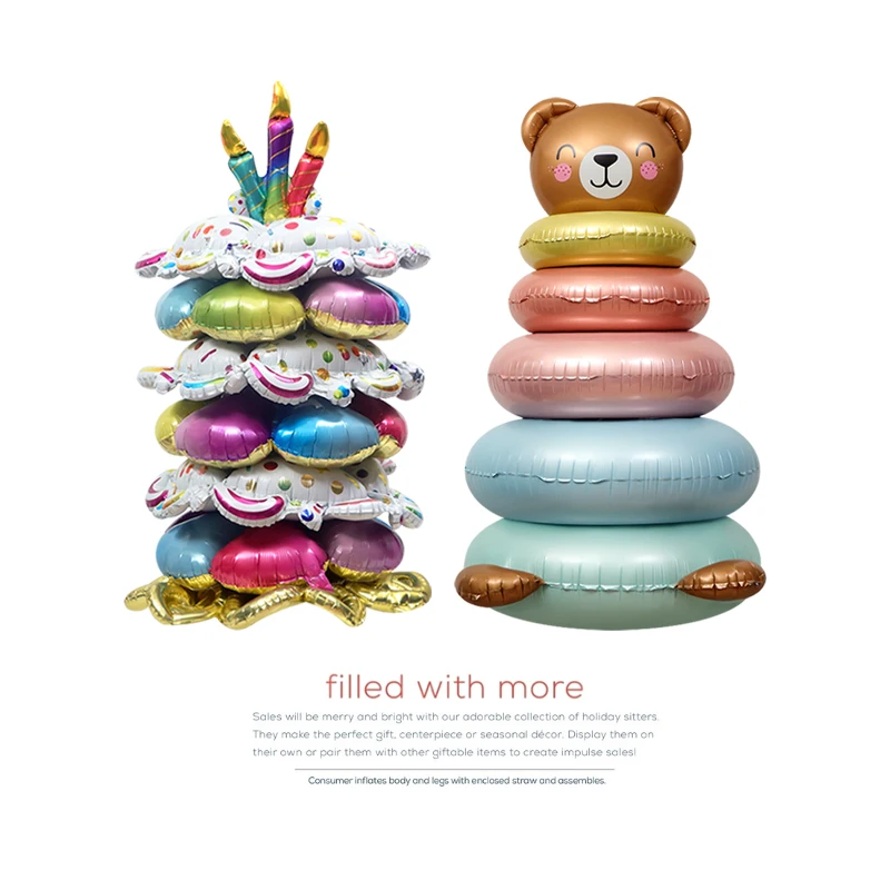 (1Pc) Birthday Party Decoration Arrangement Photo Props Toy Balloon 4D Stereo Large Standing Circle Bear Stacked Cake Cartoon Shape Creative Large Aluminum Film Balloon