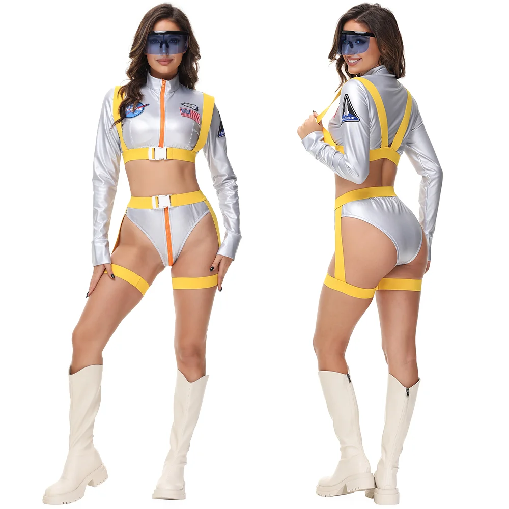 Adult Space Astronaut Silver Jumpsuit for Men and Women Halloween Cosplay Party Costume Couples Space Suit Robot Uniform Suit