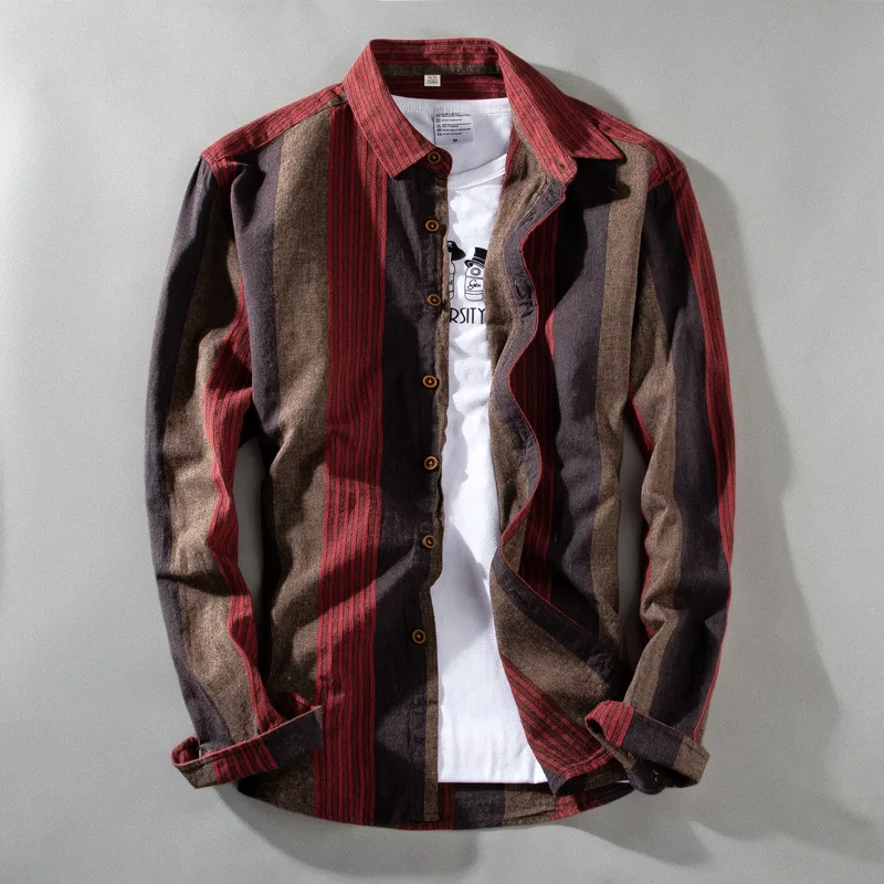 

Loose Fit Long Sve Men's Striped irt Japanese Sle Casual Youth Faion Large Size ket Detail Polyester Blend Menswear