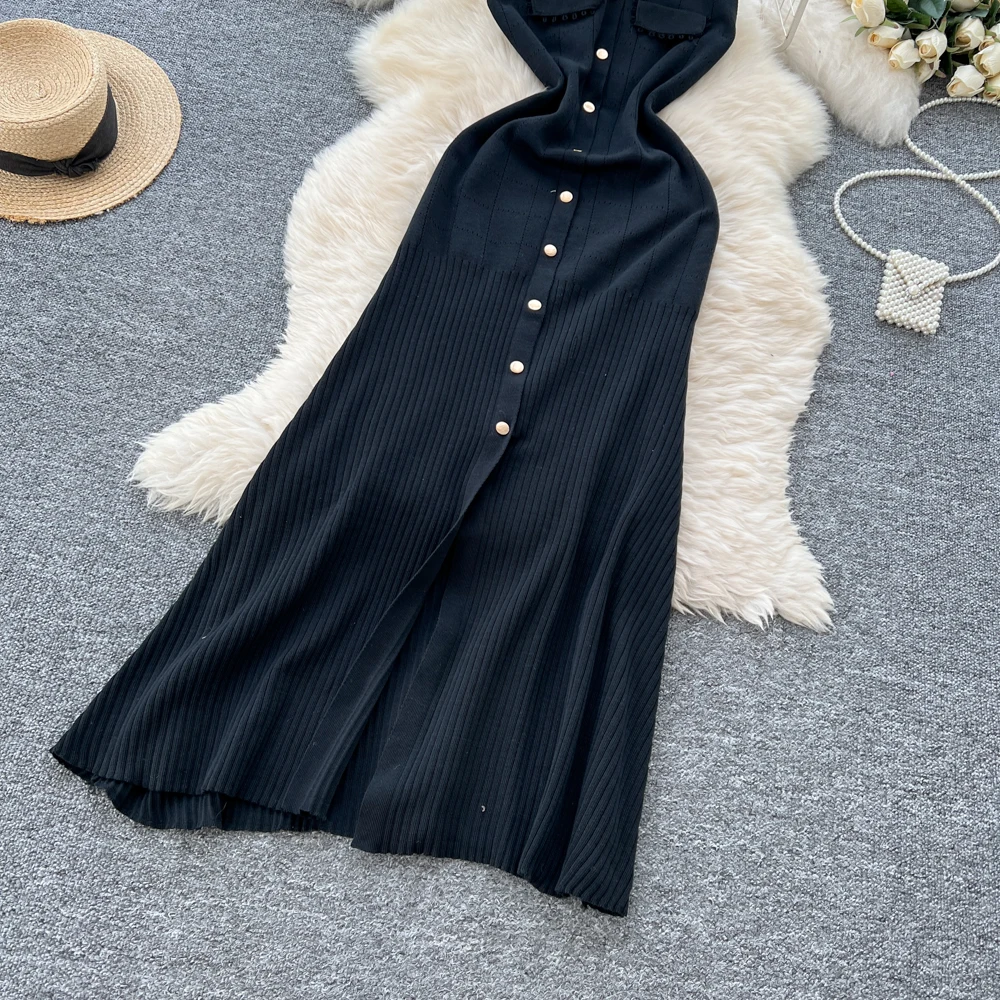 Chic Knit Elegant Sleeveless Turn-down Collar Patchwork Single Breasted Dresses Vintage Korean Evening Women Autumn Clothing