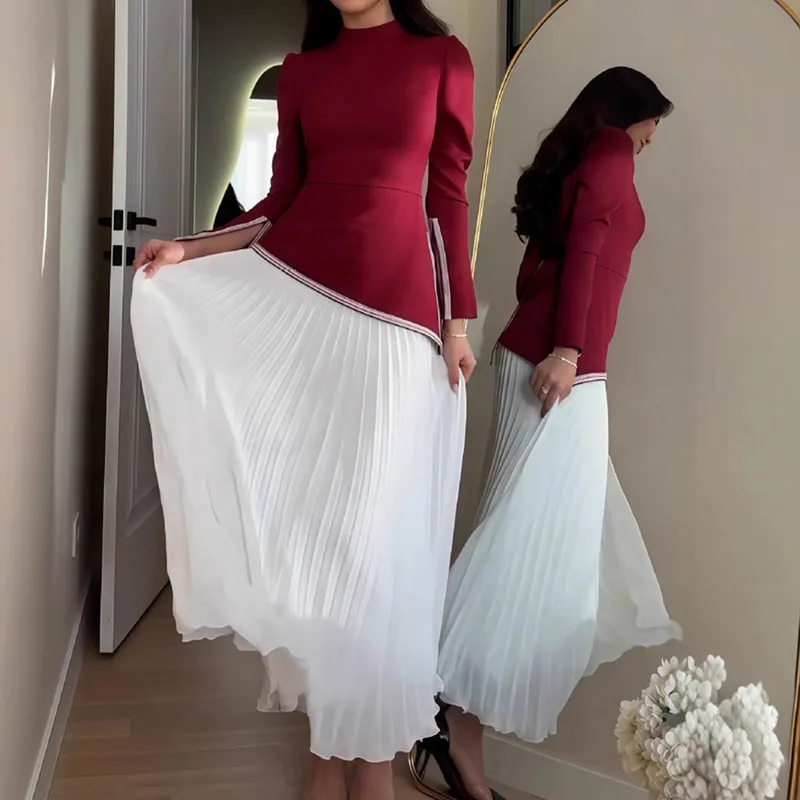 Women Fashion Draped Slim Long Skirt Outfits Casual Hight Waist Solid 2Pc Suit Elegant Stand Collar Long Sleeve Top & Skirt Set