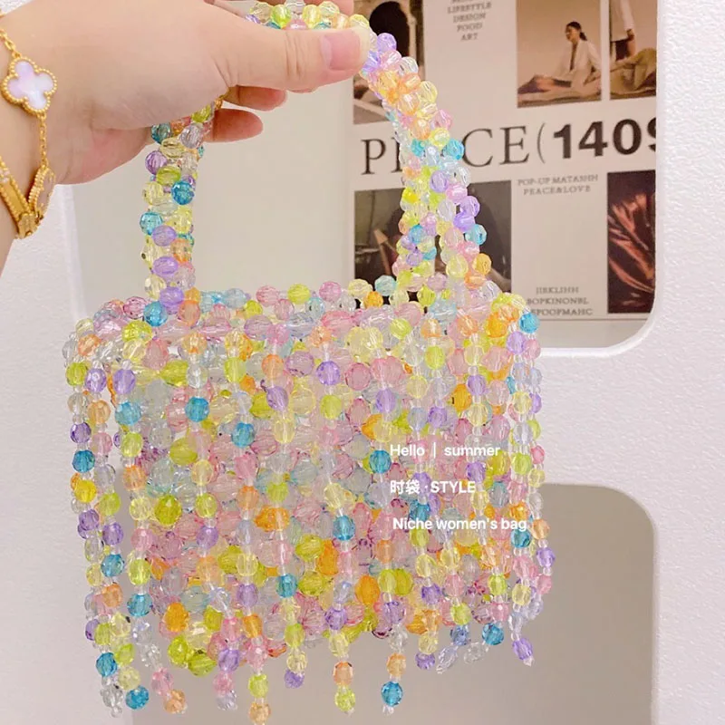 Borsa di cristallo con perline colorate di nuova moda estate personalizzata arcobaleno nappa Design borsa da donna tessuta a mano semplici borse da